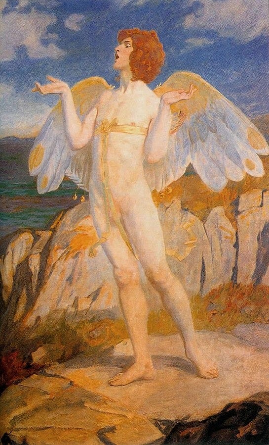 Óengus with swan wings singing to the sea