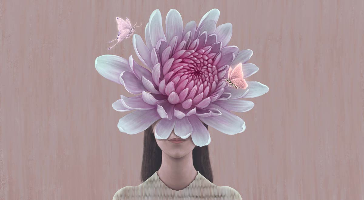 Illustration of a woman's face hiding behind a flower - know thyself.