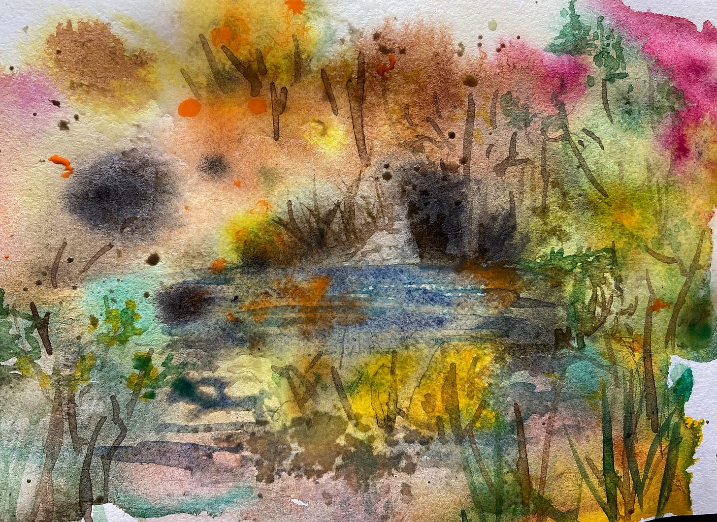 Abstract watercolour of autumn wetland