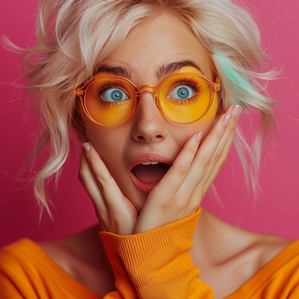 A white woman, super excited, amused, surprised, one hand over her mouth, with vivid color clothes wearing eyeglasses wearing contrasting vivid color accessories solated on vivid contrasting pink color background with space. High quality photography in the style of more realistic details and texture of, clean sharp focus, high resolution photography, the photo taken using a Canon EOS R6 Mark II camera and an RF lens showing. Color shades: pink