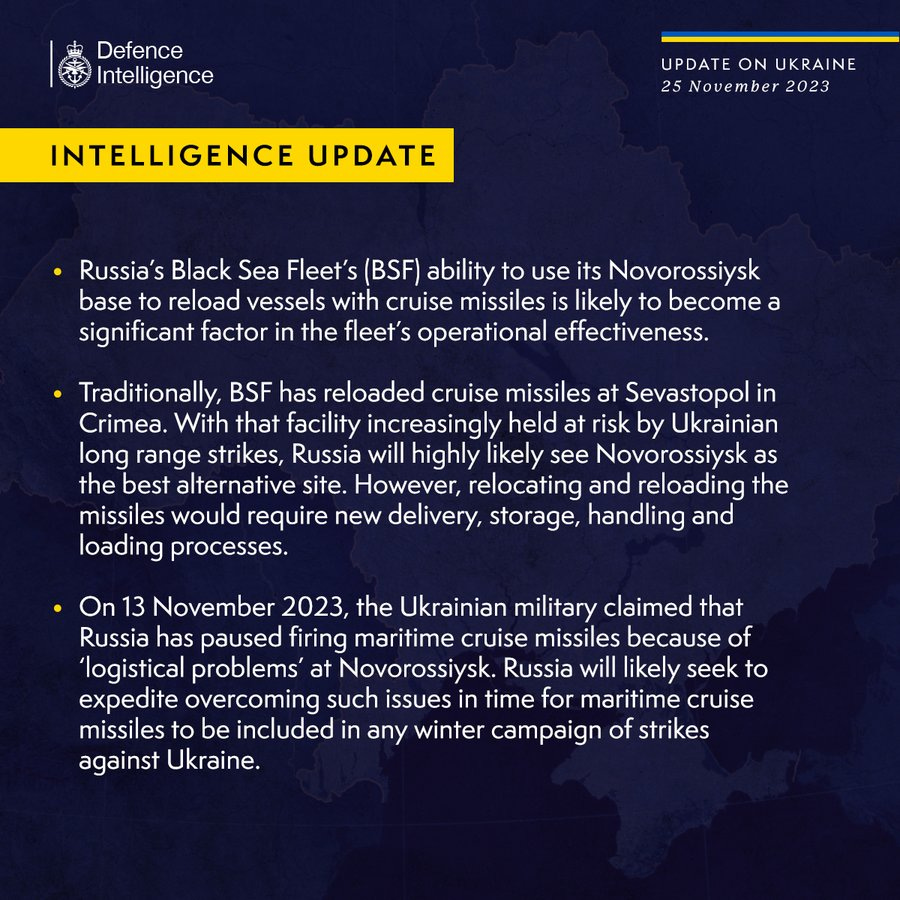 Latest Defence Intelligence update on the situation in Ukraine – 25 November 2023.