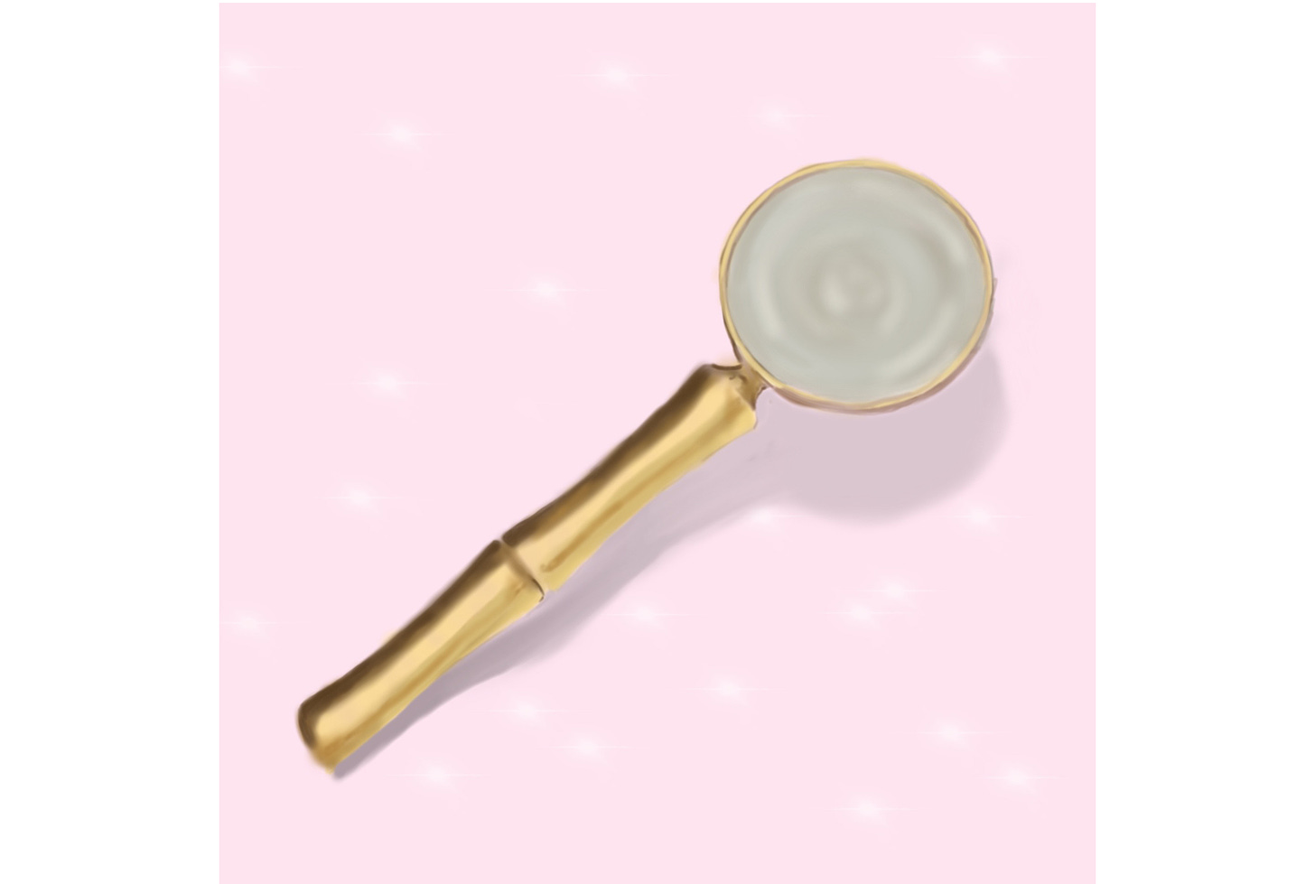 A digital drawing of a magnifying glass on a soft pink background with white sparkle accents. 
