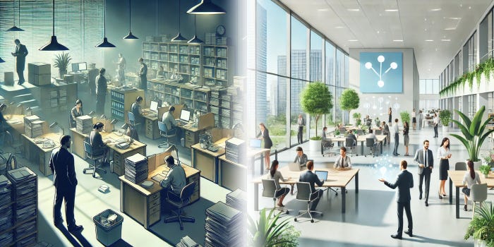 Split-screen illustration of two contrasting office environments. The left shows a dim, cluttered space with cubicles and paperwork, while the right depicts a bright, modern office with open seating and greenery. A beam of light separates the two, symbolizing the transition from a micromanaged to a collaborative work culture.