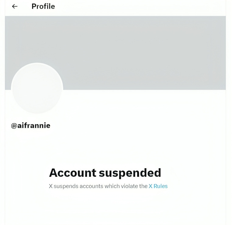 Screenshot of the suspended @aifrannie account profile on X.com, displaying a message 'implying' the account has been suspended for rule violations.