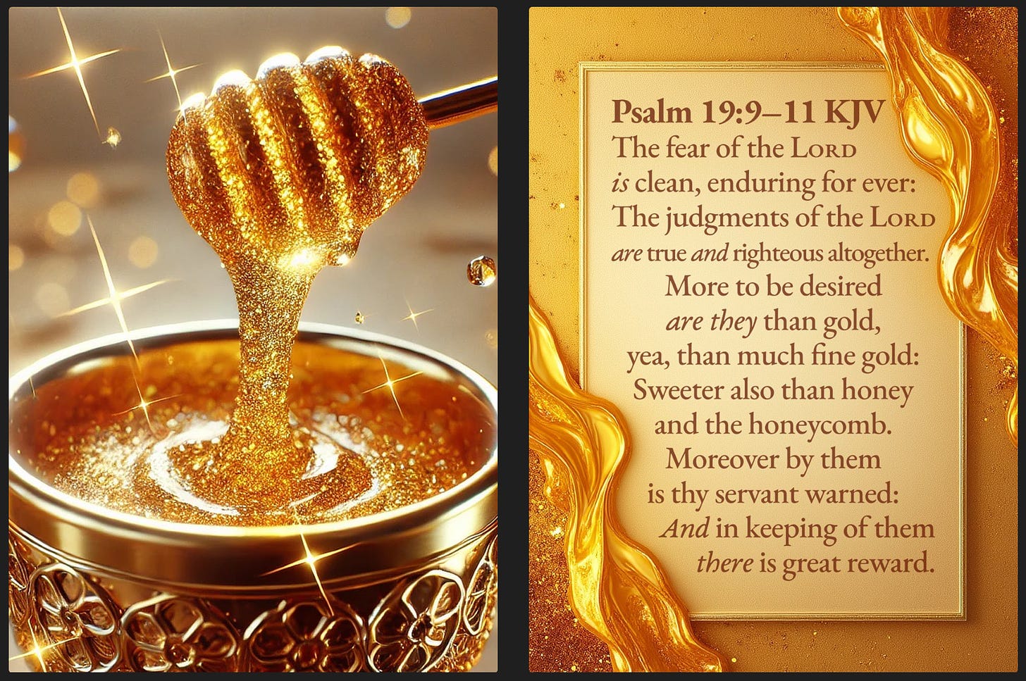 The image features two panels: the left side shows a golden honey dipper dripping with sparkling, glittery honey into a decorative jar. The right side displays a biblical verse, Psalm 19:9-11 KJV, written in a golden frame with a flowing golden design, emphasizing the value and sweetness of God's words compared to gold and honey.