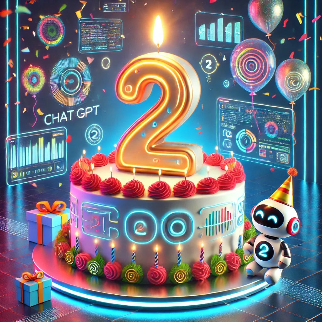 A festive digital artwork celebrating the second birthday of ChatGPT. The centerpiece is a vibrant cake with a single, large, lit candle shaped like the number '2'. The design excludes any reference to the number '1'. Surrounding the cake are colorful AI-themed decorations, such as glowing circuits, holographic balloons, and data streams. A cheerful anthropomorphic robot wearing a party hat is clapping near the cake. The background is a sleek, futuristic tech-lab environment with confetti gently falling from above, creating a celebratory and modern atmosphere.