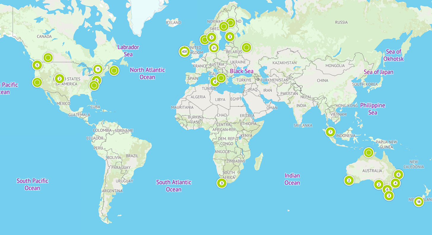 World map with dots marking parkruns I've been at