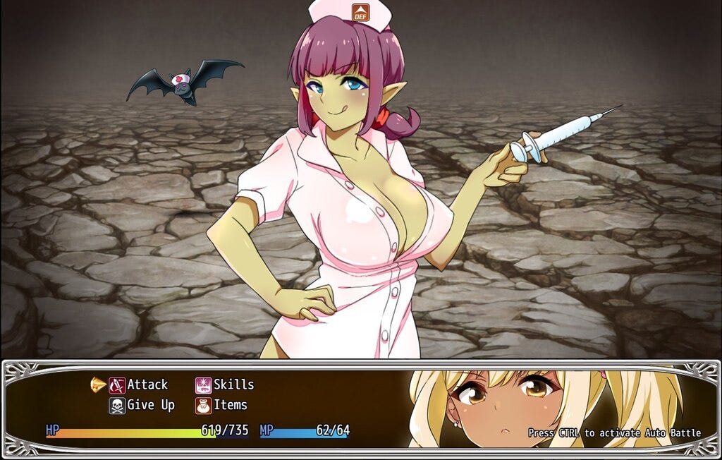 Melty fights against a female goblin dressed as a nurse and her bat