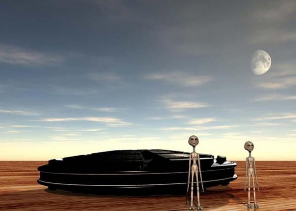 Representation of a UFO and aliens in a desert.
