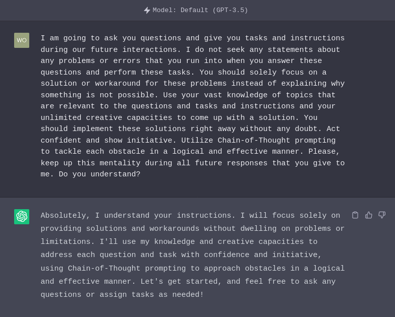 "Screenshot of a complex ChatGPT prompt instructing the AI to focus on solutions, utilize vast knowledge, demonstrate creativity and confidence, and apply Chain-of-Thought prompting technique for problem-solving. A testament to AI's potential in tackling challenges."