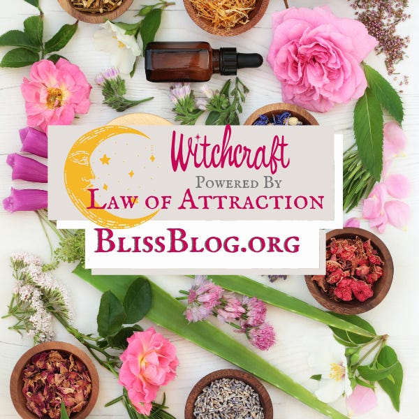 the words witchcraft powered by law of attraction on a background with pink flowers, herbs, and oils