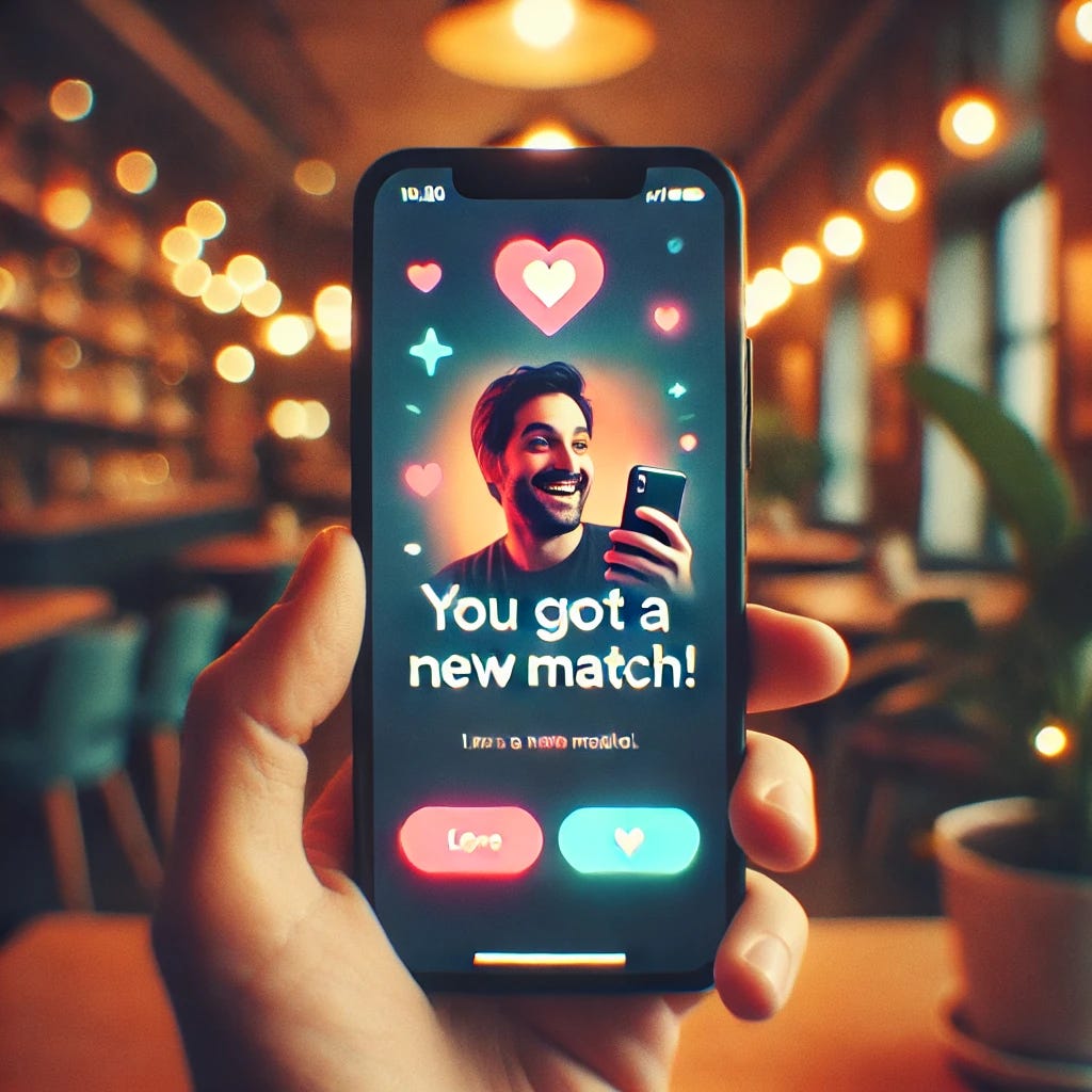 A phone screen showing a dating app with a notification 'You got a new match!' The background is blurred to emphasize the phone. The screen features a vibrant design with a heart-shaped icon and a picture of a smiling person, indicating a new connection. The phone is held in a hand, and the setting has soft lighting with a cozy vibe, hinting at a casual and exciting moment.