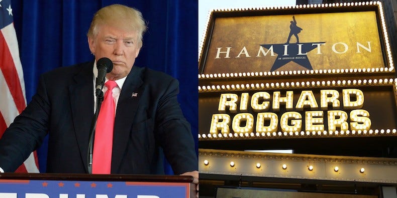 donald trump only one up in arms over hamilton