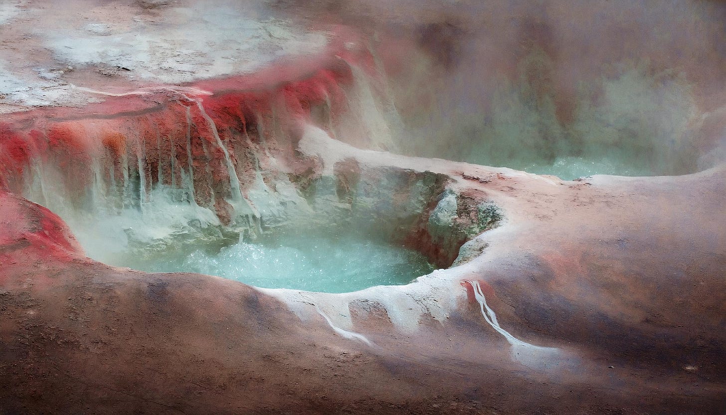 Richly colored painterly illustration of ancient hydrothermal vents