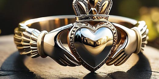 A claddagh ring sitting on a rock shining in the sunlight. 