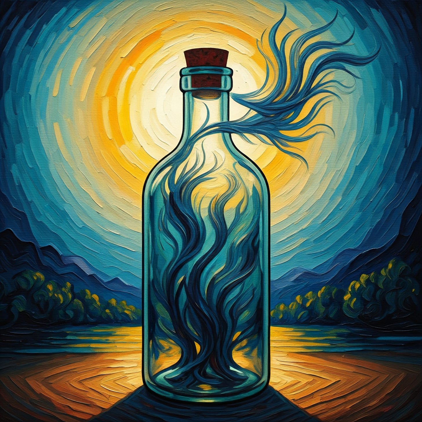 A bottle with wind inside it. Generated with Google Gemini.