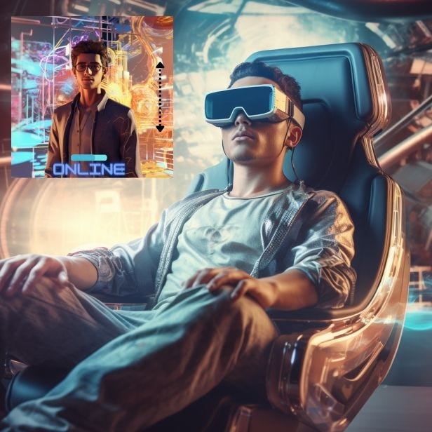 A young man reclines in a special chair and enters the Metaverse through VR goggles.