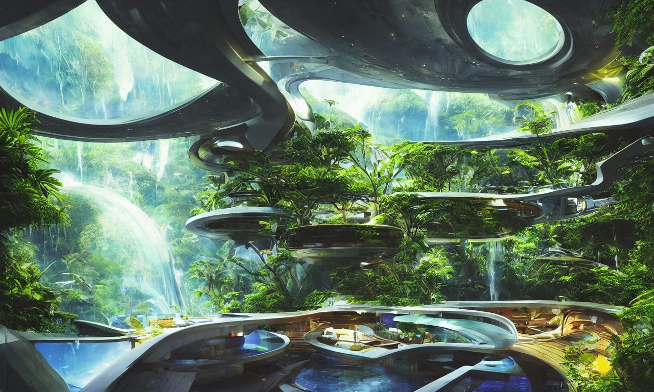 prompthunt: interior shot of paradise inside of a spaceship for humans in  deep space, futuristic comfortable wooden homes and walkways, celestial  objects in the background, spaceship containing every tool for survival,  humans