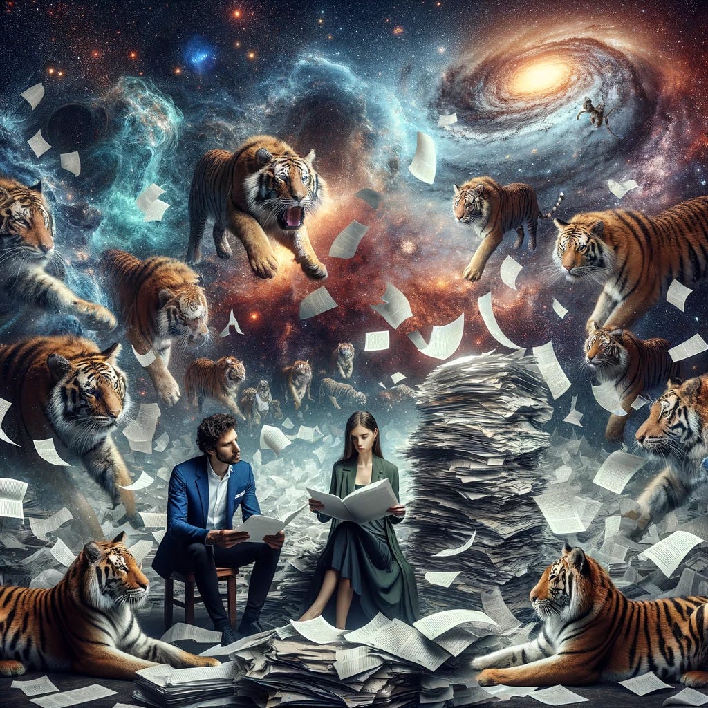 A man and a woman are sitting together in the vastness of space, surrounded by floating tigers. They appear engrossed in reading an immense pile of papers that seem to defy gravity, scattering around them in a chaotic yet mesmerizing pattern. The cosmic backdrop is filled with stars, nebulas, and distant galaxies, adding a surreal and majestic atmosphere to the scene. The man and woman are dressed in casual attire, suggesting a comfortable familiarity with their extraordinary surroundings. The tigers, majestic and serene, float around them, adding an element of wild beauty to the otherworldly setting.