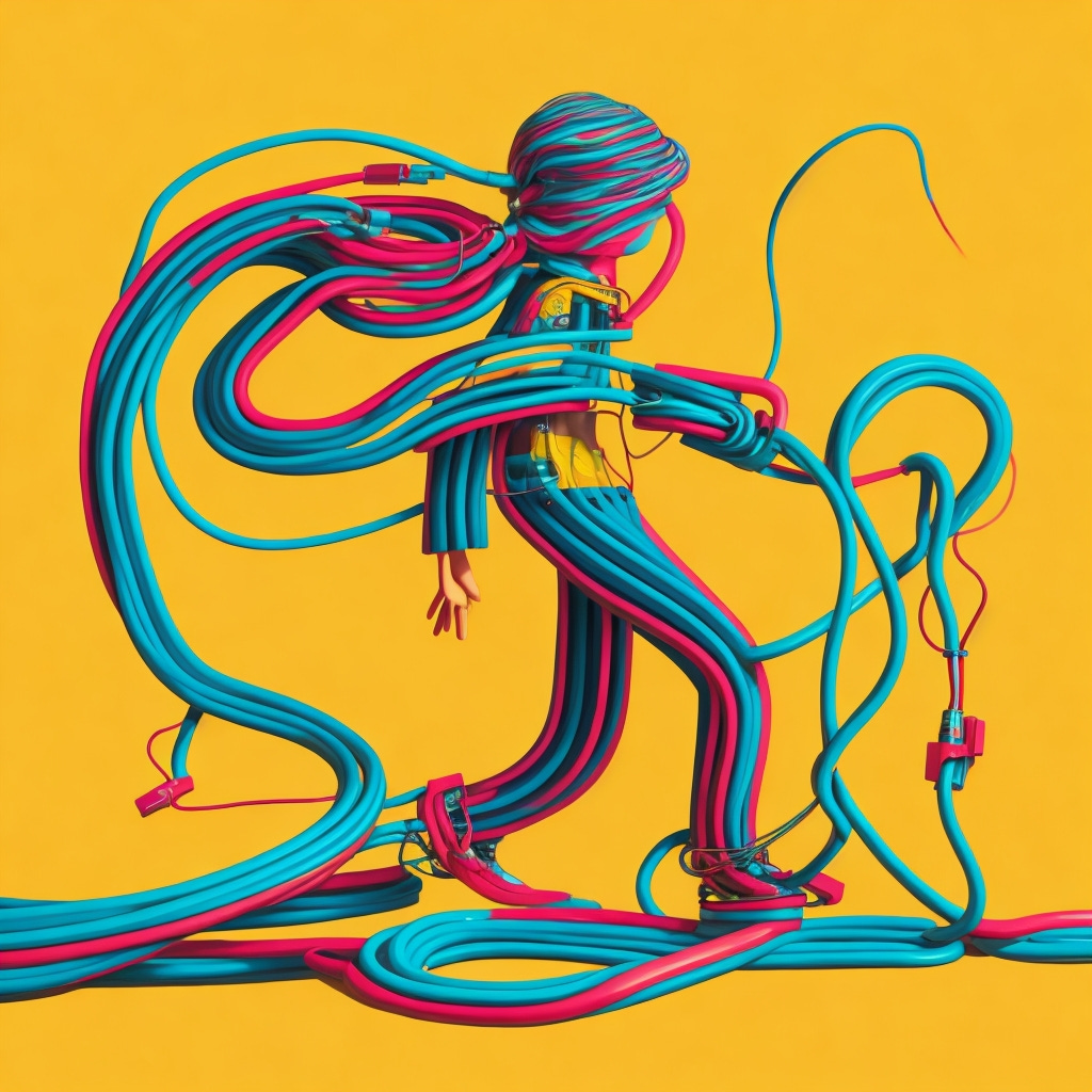 surreal cartoon of person with energetic cords attached
