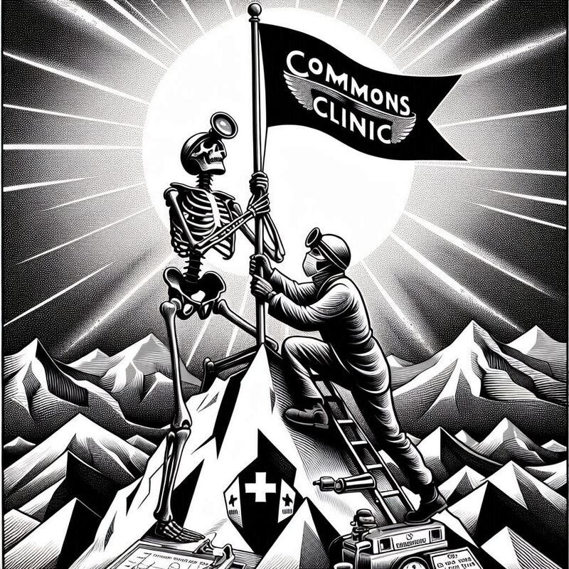 a black and white, art deco drawing of a skeleton surgeon planting a flag with "Commons Clinic" written on it in on top of a mountain