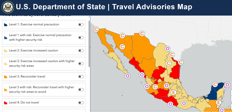 U.S. State Department map showing the danger zones of Mexico, according to the U.S. government