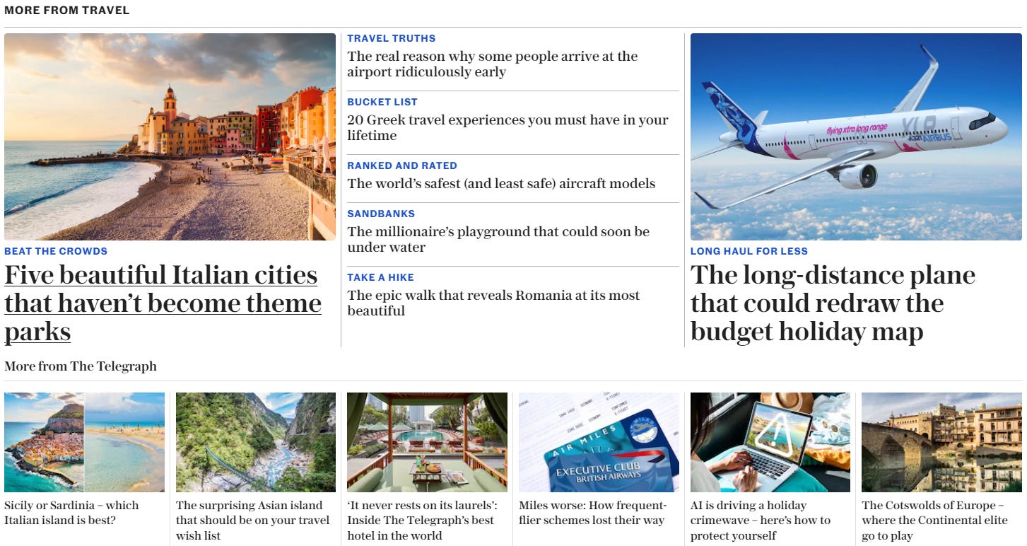 More Stories from Travel and more from the rest of the site in two distinct blocks on The Telegraph