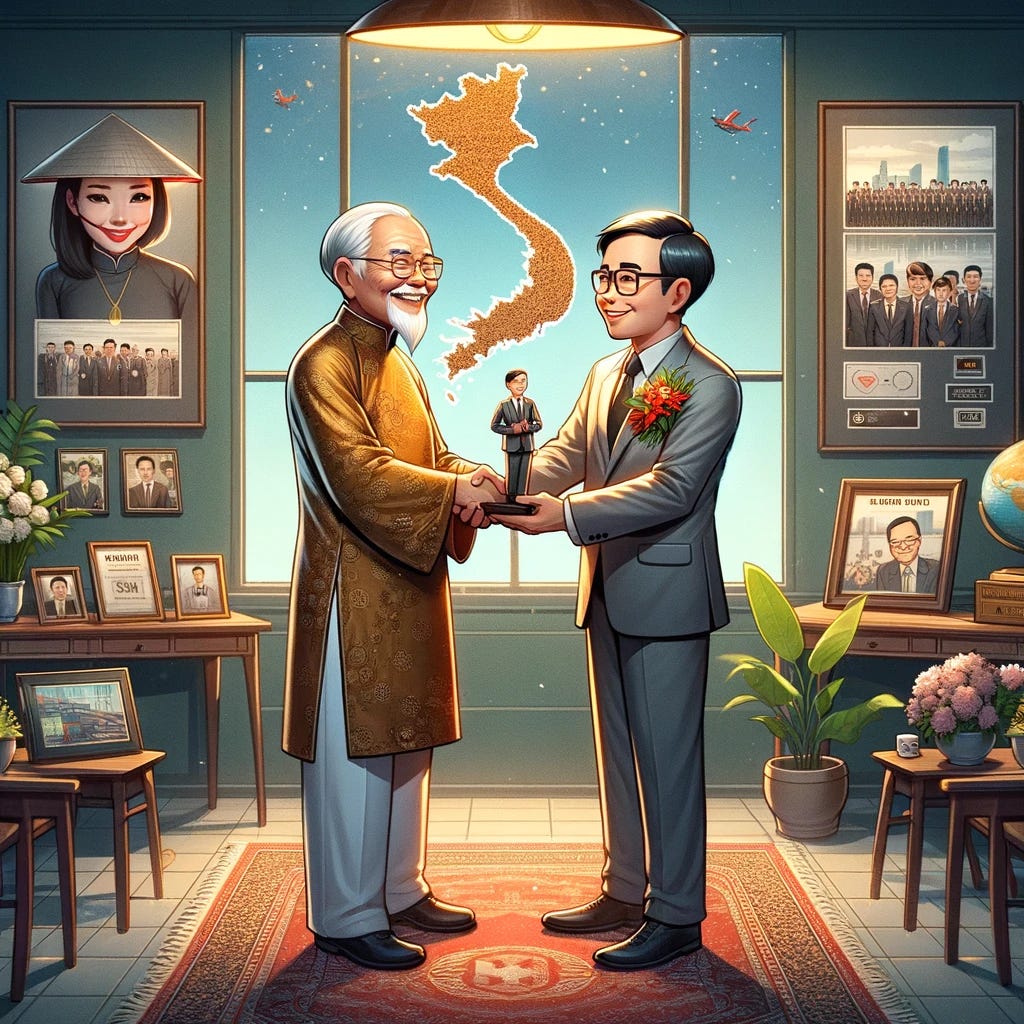 A heartwarming and slightly nostalgic cartoon scene featuring an entrepreneur selling his life's work, a Vietnamese IT outsourcing company. The setting is a ceremonial room where the entrepreneur, a figure with a kind face and a blend of traditional and modern Vietnamese attire, is handing over a symbolic representation of the company (like a model or a document) to a new owner, who is respectful and admiring the legacy being passed on. The room is adorned with elements reflecting the company's journey: framed photos of milestones, a map showing global connections, and a small display of technology evolution over the years. The atmosphere conveys a sense of accomplishment, transition, and hopeful continuation.