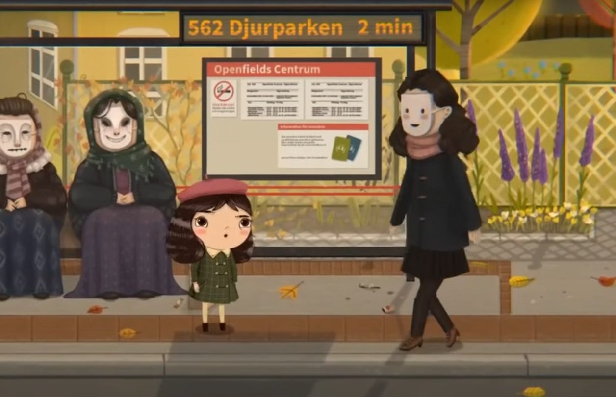 A screenshot from Little Misfortune where Misfortune is standing by a bus stop, surrounded by older women wearing strange masks.