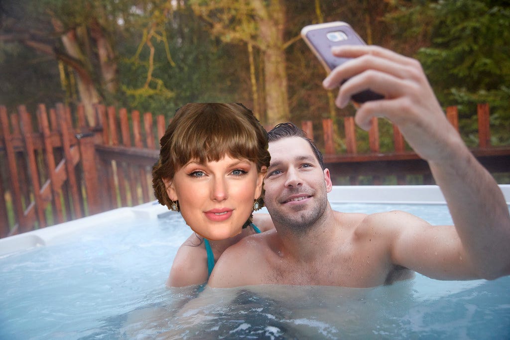 A stock photo of a heterosexual couple in a hot tub with Taylor Swift's head badly photoshopped over the woman's face