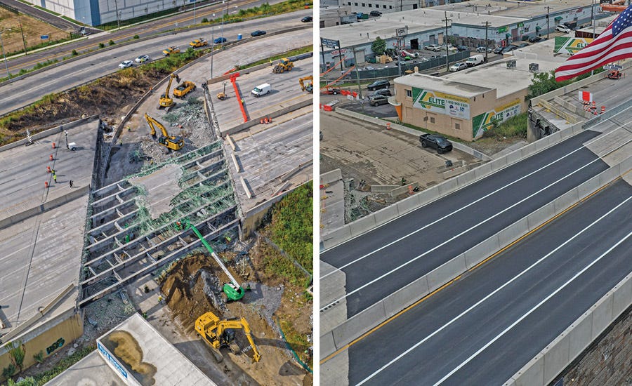 After crews (left) demolished a fire-destroyed Interstate 95 bridge in Northeast Philadelphia, temporary lanes (bottom) reopened on June 23, just 12 days after the fire.