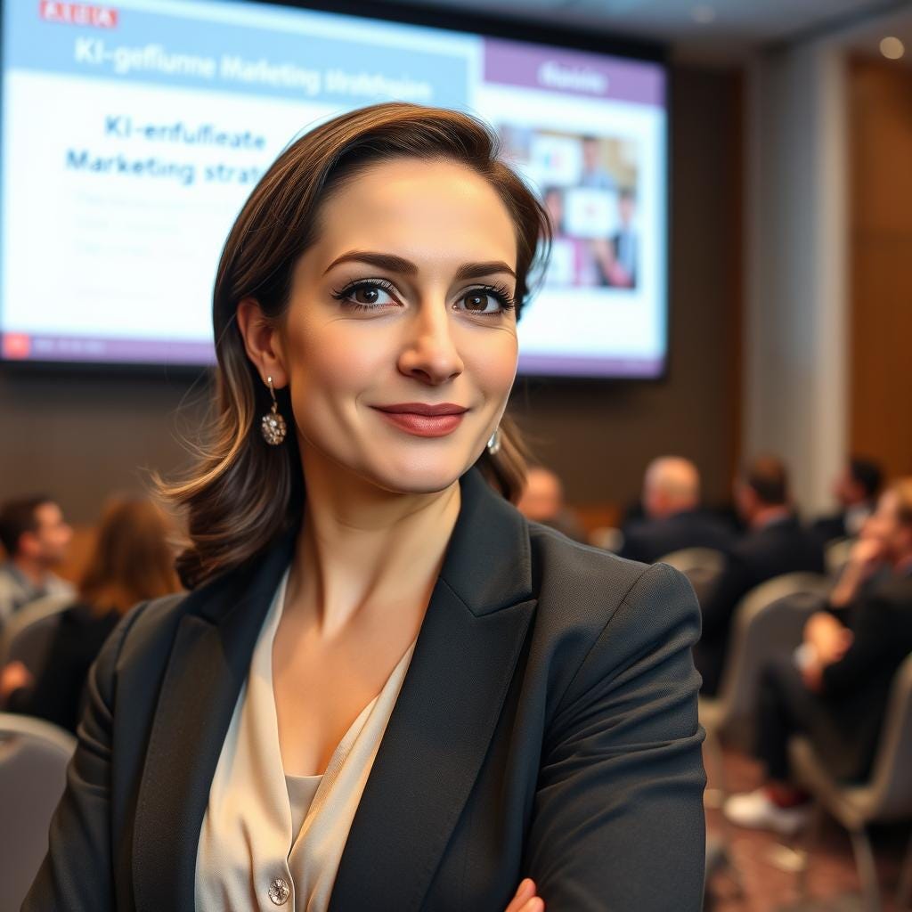 Portrait of a smiling brunette businesswoman with arms crossed in front of a conference audience and a projected marketing presentation