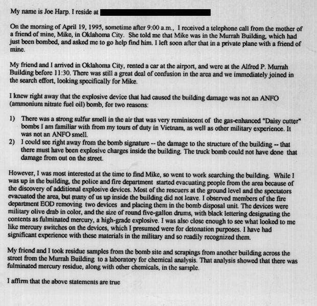 r/OKCbombingconspiracy - Affidavit of Joe Harp, former CIA operative, who asserted that fulminated mercury bombs were being removed from the Murrah Building as rescue efforts were going on. r/OKCbombingconspiracy - Affidavit of Joe Harp, former CIA operative, who asserted that fulminated mercury bombs were being removed from the Murrah Building as rescue efforts were going on.