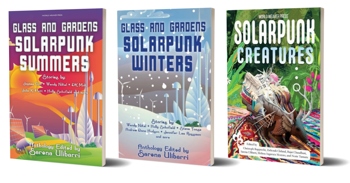 Three covers: Solarpunk Summers is bright orange cityscape, Solarpunk Winters is snowy cityscape, and Solarpunk Creatures has a fantastical creature set against a lush green environment