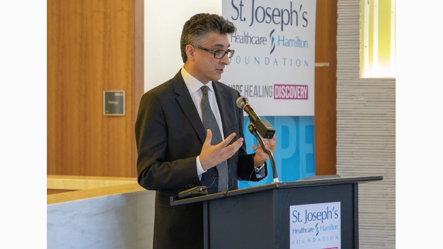 Dr. Kapoor speaking for St. Joe's Hamilton hospital during the naming of the Urologic Cancer Centre for Research & Innovation (UCCRI).