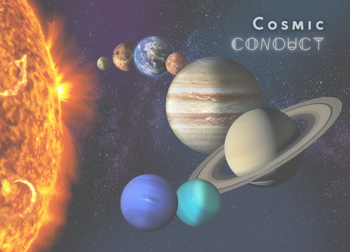 Illustration of the solar system with planets across a starry sky beside the title "Cosmic Conduct."