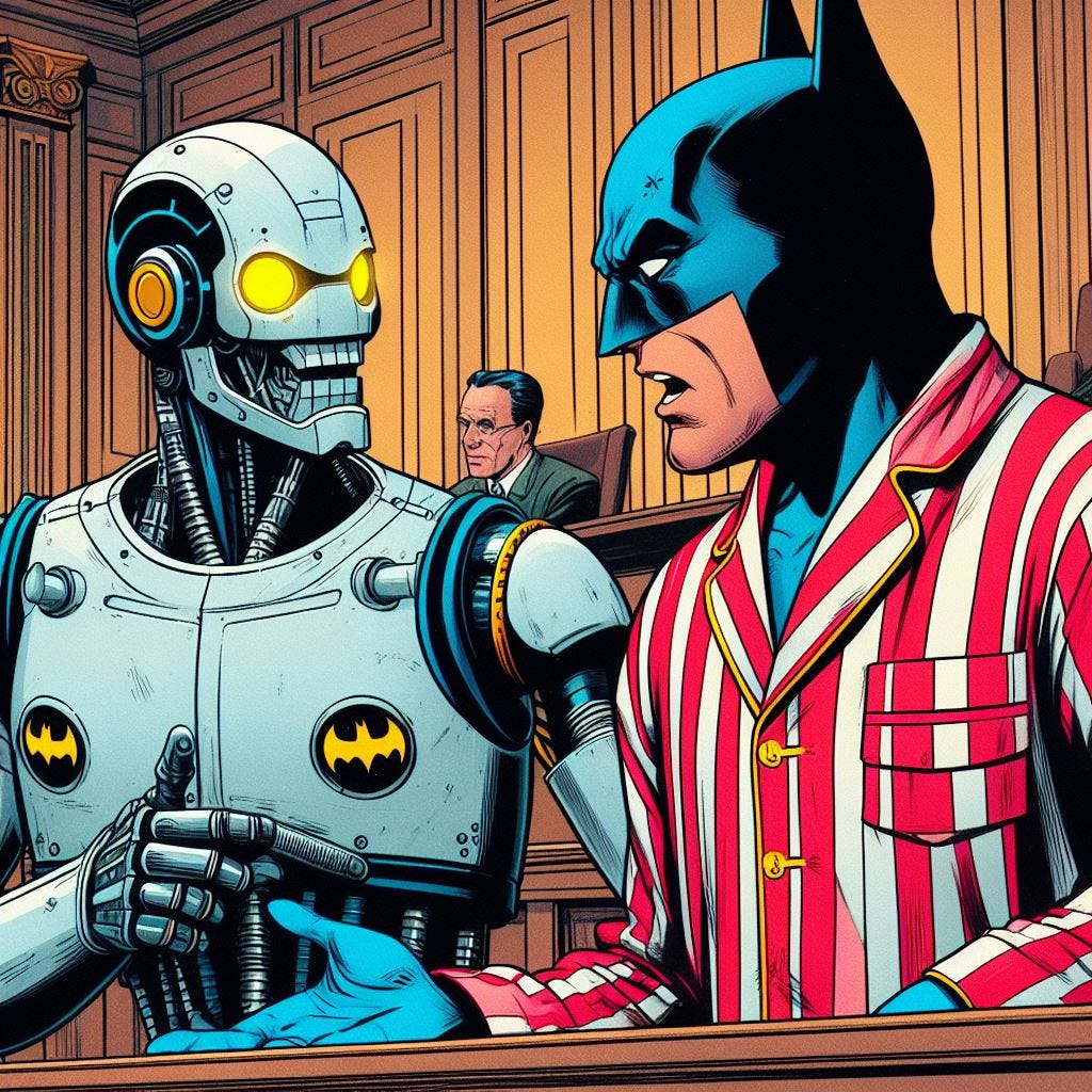 Batman in pijamas talking to a robot in a court room, in American comics style 