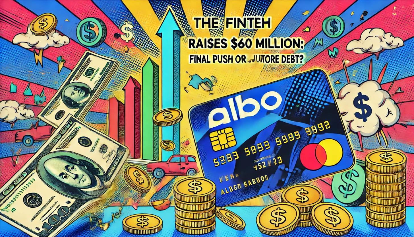 A vibrant pop-art style illustration reflecting the headline 'The fintech Albo Raises $60 Million: Final Push or Just More Debt? 💸🤔'. The scene includes large dollar bills and coins floating around a fintech bank card representing Albo. In the background, an upward financial graph symbolizes potential growth, while a warning sign represents the possibility of debt. The color palette should use bold, contrasting colors, typical of pop-art style, with a dynamic and energetic composition.