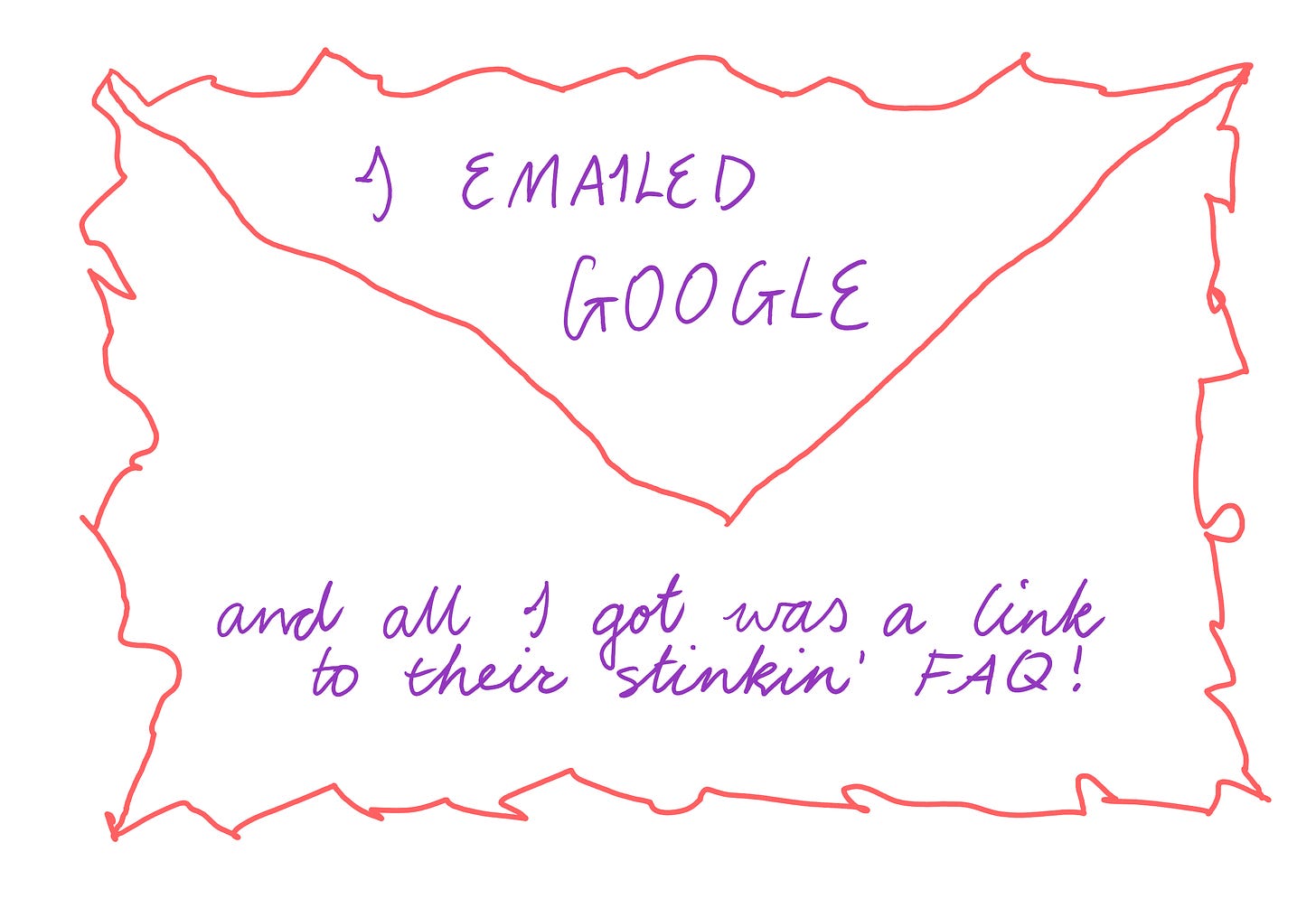 Image of a scraggy looking envelope with the text, "I emailed Google and all I got was a link to their lousy FAQ!"