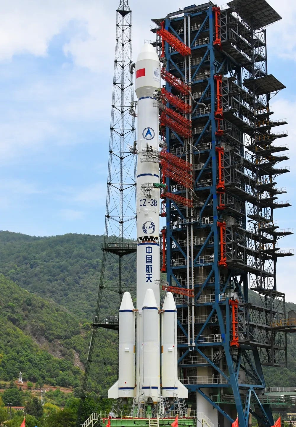 The Long March 3B/E Y110 vehicle at Launch Complex 2 prior to launch with Tianwen-2.