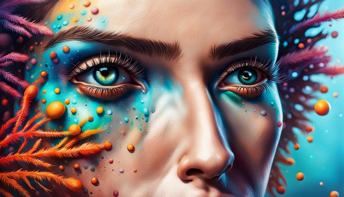 Girl’s face showing huge eyelashes, and microbes, Hyperrealistic