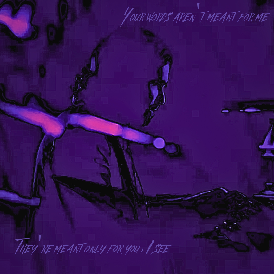 photo edit of fictional writer Alan Wake sitting at his typewriter - edit features a heavily purple colored filter and text that says "Your words aren't meant for me. They're meant only for you, I see"