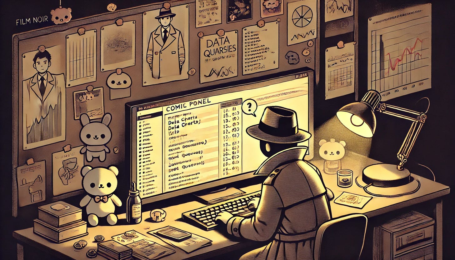 A film noir style comic panel in 16:9 aspect ratio, depicting a detective working on a computer. The detective is surrounded by data charts, SQL queries, and code snippets. The scene is set in a dimly lit room with a corkboard covered in clues, maps, and photos related to a murder mystery. The detective wears a trench coat and hat, embodying the classic detective look, and appears focused on solving the mystery through his computer. The overall atmosphere is dark, mysterious, and intriguing, with strong contrasts and shadows typical of the film noir style. Include cute and kawaii elements, such as adorable decorations, soft colors, and cute accessories, to add a whimsical and charming touch to the scene.