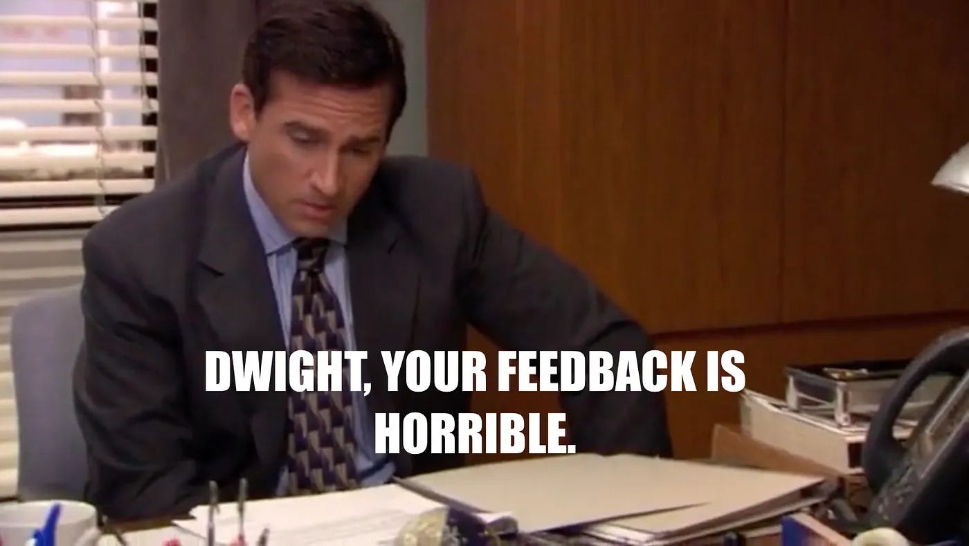 Image of Micheal scott reading feadback and exclaiming it is horribe.