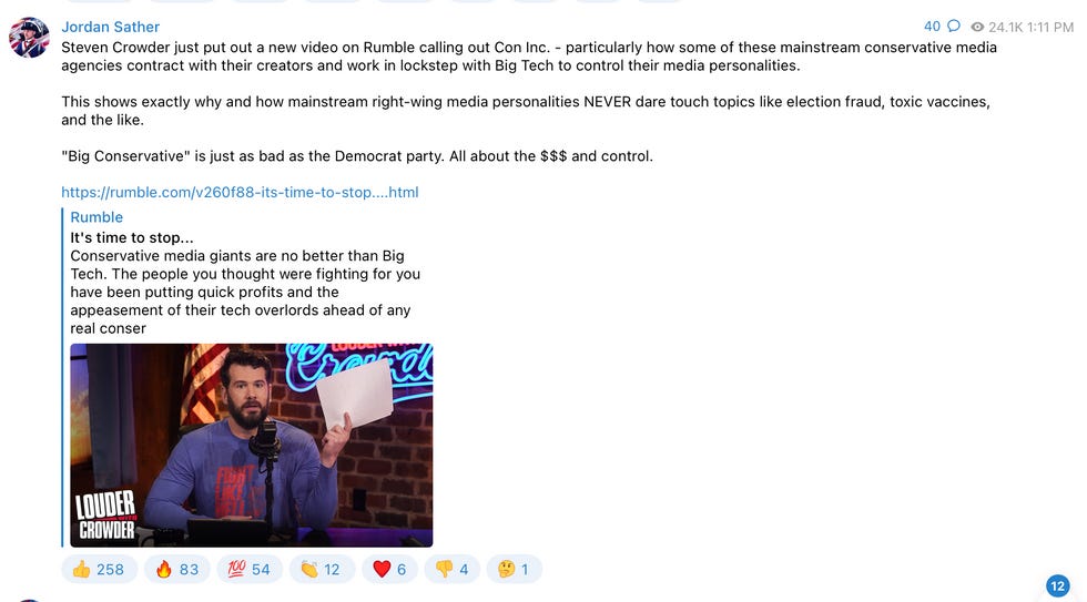 Steven Crowder just put out a new video on Rumble calling out Con Inc. - particularly how some of these mainstream conservative media agencies contract with their creators and work in lockstep with Big Tech to control their media personalities.  This shows exactly why and how mainstream right-wing media personalities NEVER dare touch topics like election fraud, toxic vaccines, and the like.   "Big Conservative" is just as bad as the Democrat party. All about the $ and control.