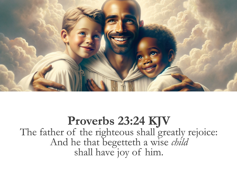 An illustration of a smiling Mixed Race father, joyfully embracing his two beautiful children, all wearing light-colored robes, surrounded by a cloudy, ethereal background. The man, positioned in the center, has his arms around the children who are both smiling joyfully. Below the illustration is a Bible verse from Proverbs 23:24 (KJV) that reads: "The father of the righteous shall greatly rejoice: and he that begetteth a wise child shall have joy of him."