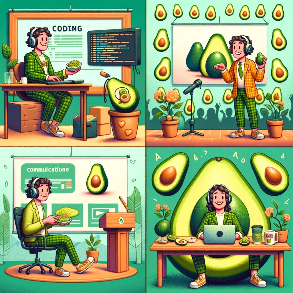 Visualize a person demonstrating four facets of their professional life, now with an added twist of avocados in each scene. In the coding section, the individual is snacking on avocado toast while engrossed in programming. On the stage, an avocado-themed presentation is projected behind them, symbolizing healthy communication. In the content creation scene, avocados are playfully integrated into the video topic, with the person wearing an avocado-themed outfit. Lastly, in the group discussion, the table is adorned with a bowl of fresh avocados, promoting healthy collaboration. Each scene not only highlights the person's diverse professional roles but also their love for avocados, seamlessly blending the original activities with this unique, whimsical element. The background ties all scenes together with subtle avocado motifs, further emphasizing the theme.