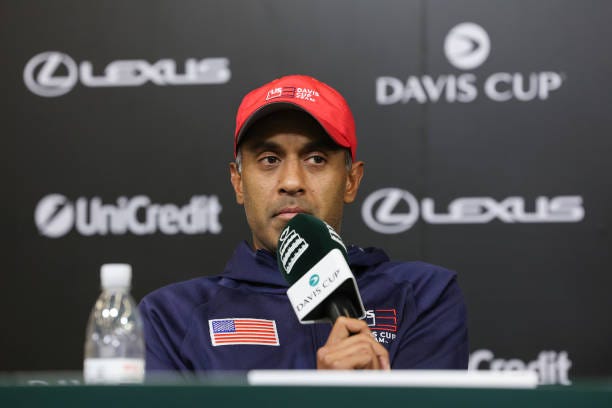 Rajeev Ram of the United States attends a press conference prior to the 2024 Davis Cup Finals Group Stage at Hengqin International Tennis Center on...