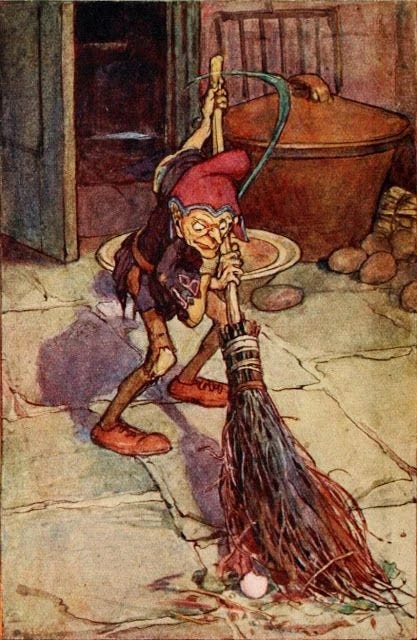 Illustration of a brownie sweeping with a handmade broom in an old kitchen with a flagstone floor, print of an ink coloured line drawing