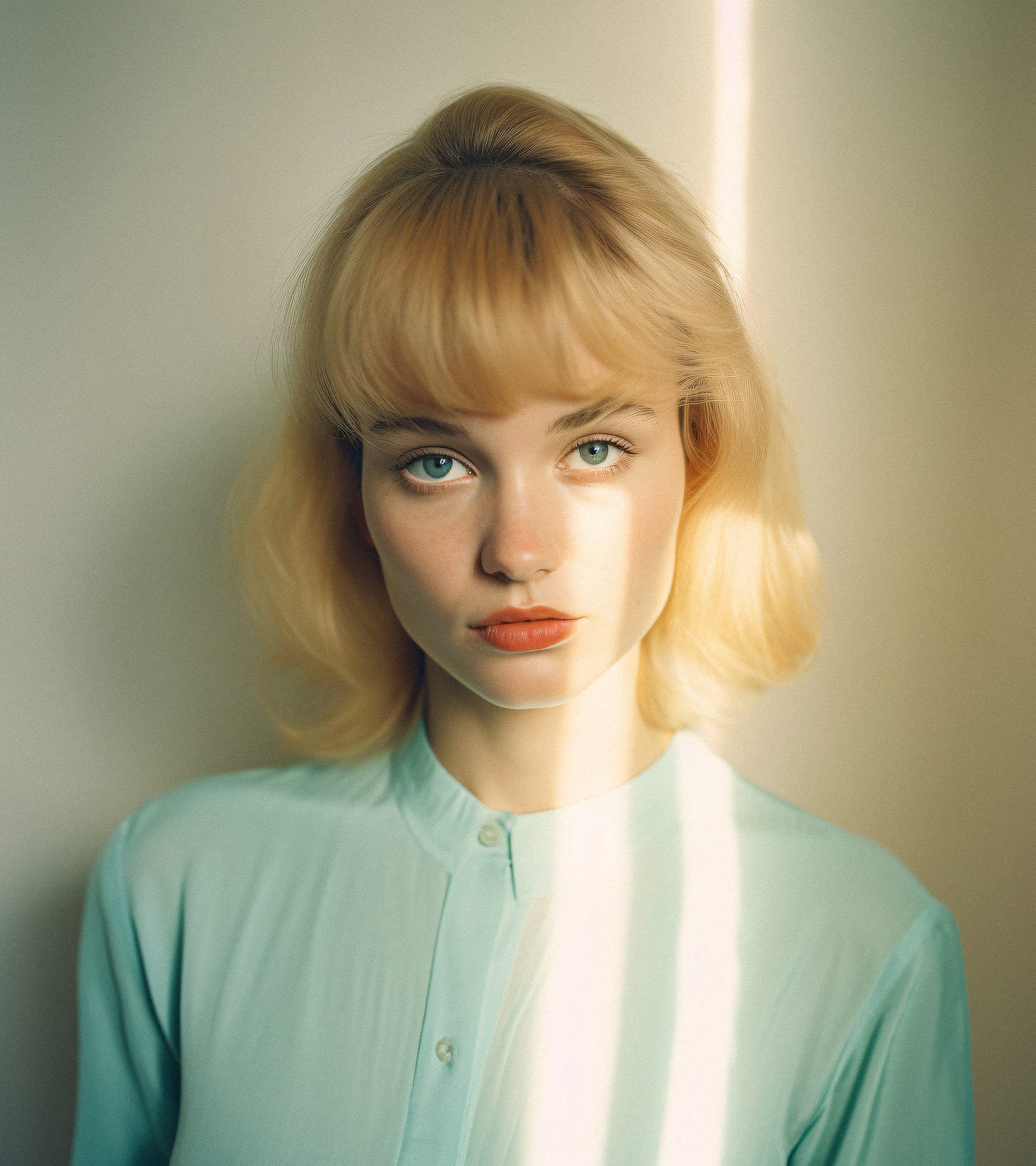 Midjourney v5.2

Minimalistic portrait of a 60s blonde woman in a room, expressionless, 60s hairstyle, 60s fashion, sunrays,, light teal and amber, soft hues, Cinestill 50D